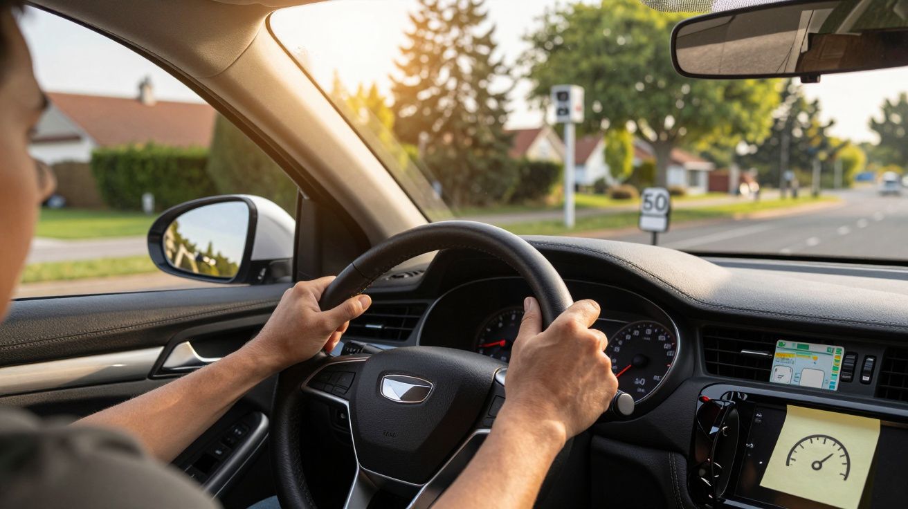 Pessoa a conduzir carro numa estrada residencial, com sinal de velocidade de 50 km/h visível ao fundo.