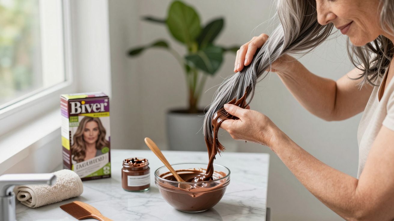 Mulher aplica tinta de cabelo castanha sobre cabelo grisalho. Caixa de tinta e planta ao fundo.