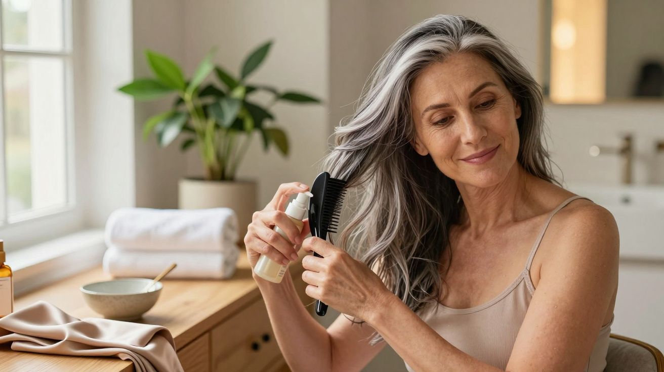 Mulher de cabelos grisalhos penteia os cabelos, segurando frasco de spray, em casa, ao lado de uma planta e toalhas brancas.