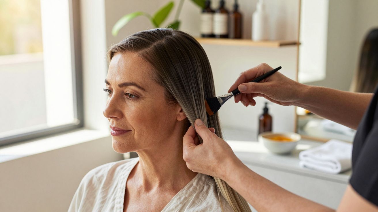 Mulher em salão de beleza, recebendo aplicação de cor no cabelo com pincel por profissional.