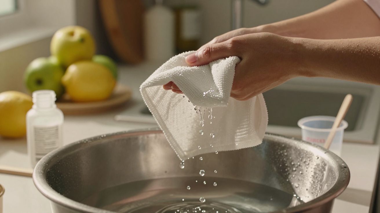 Mãos torcendo um pano branco sobre uma bacia de água, com gotas caindo. Limões ao fundo no balcão da cozinha.