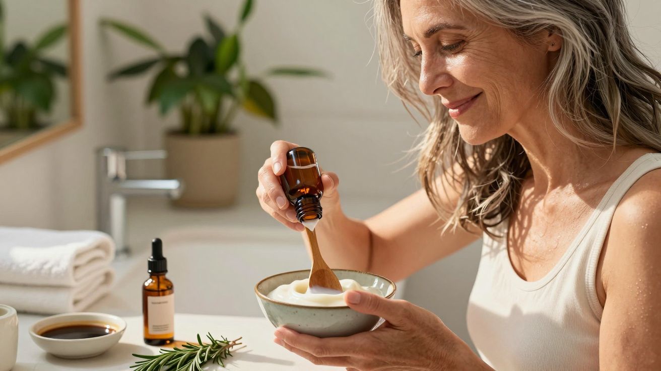 Mulher sorridente mistura óleo essencial em creme, num ambiente de casa de banho acolhedor.