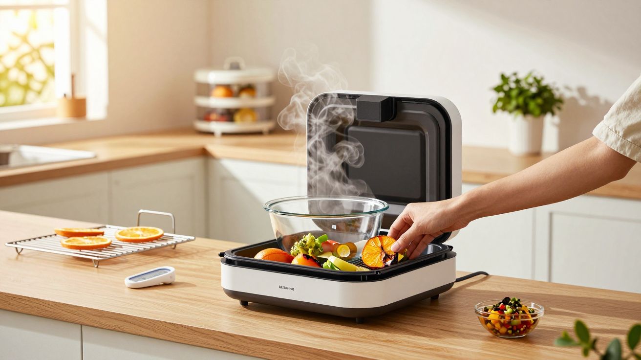 Mão colocando frutas e legumes numa panela elétrica a vapor na bancada de uma cozinha iluminada.