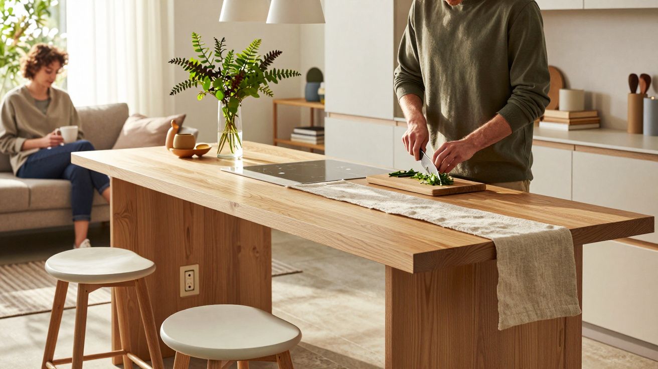 Cozinha moderna com mesa de madeira; pessoa a cortar legumes, outra sentada no sofá a ler.