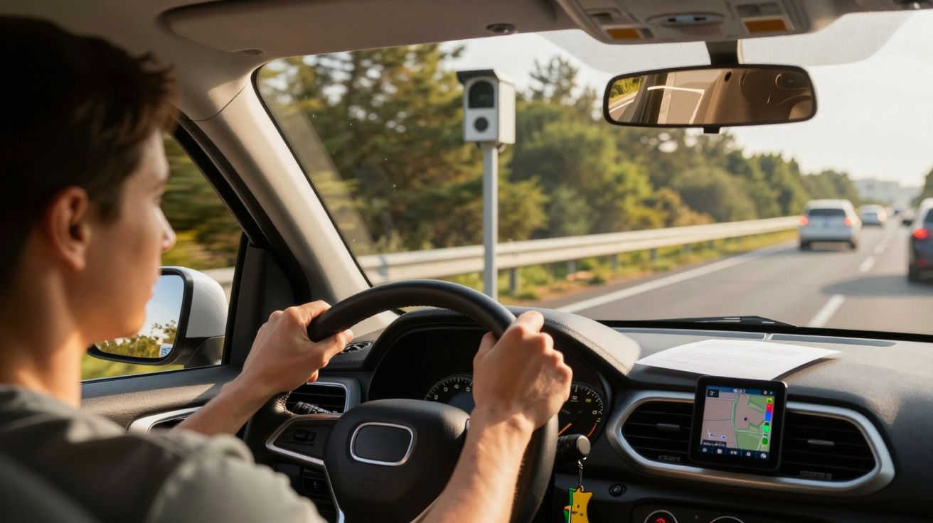 Homem a conduzir num carro, utilizando GPS, numa estrada com trânsito e um radar visível à frente.