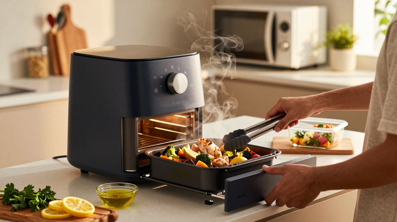 Pessoa a preparar legumes e frango num forno na cozinha, com micro-ondas ao fundo.