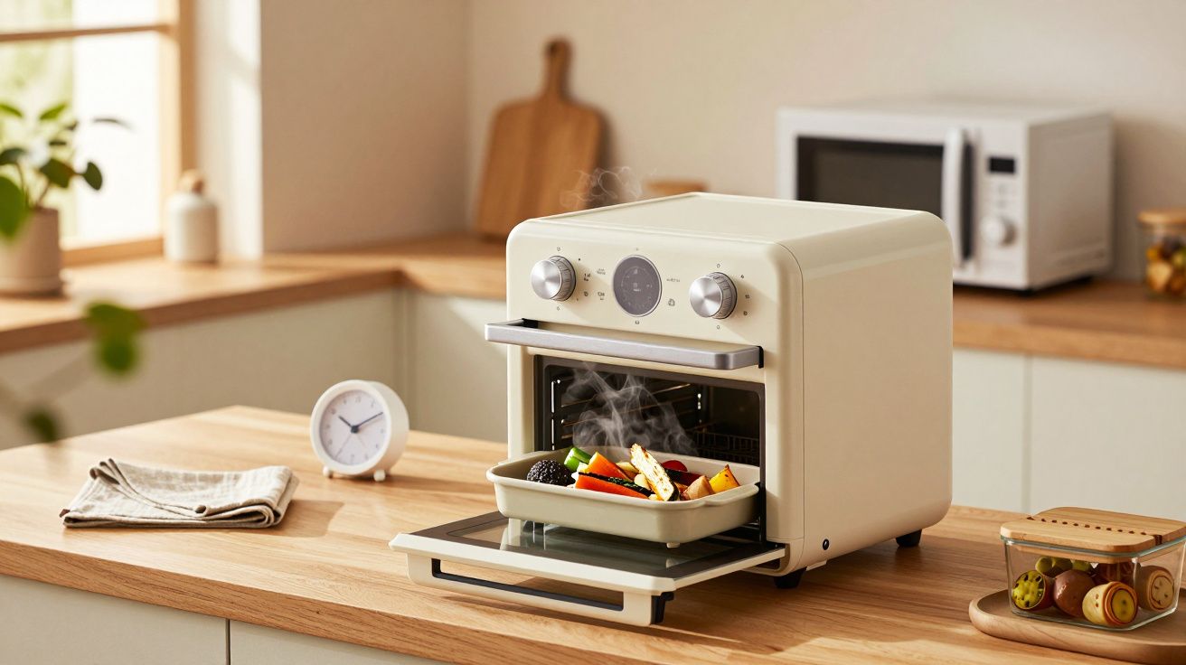 Forno pequeno em bancada de cozinha com tabuleiro de legumes assados. Ao fundo, forno micro-ondas e utensílios.
