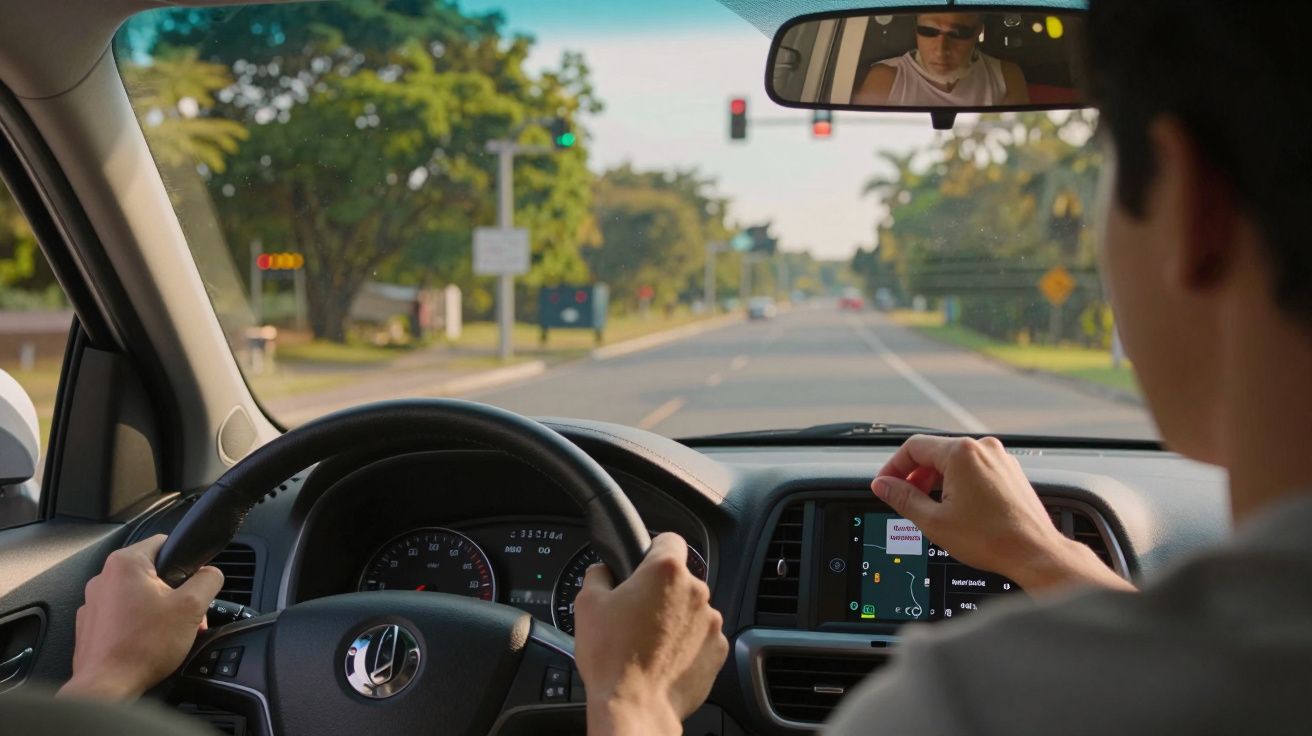 Homem a conduzir, interior do carro, vista do pára-brisas, visor do carro aceso, semáforo ao longe, espelho retrovisor visíve