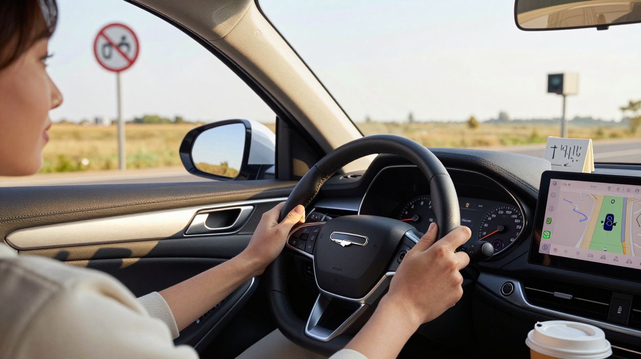 Mulher a conduzir carro em estrada com sinal de proibição de bicicletas, GPS ligado e copo de café no suporte.