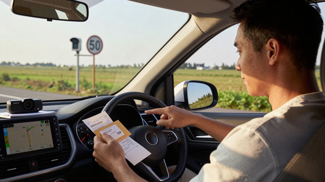 Homem a conduzir olha para um papel na mão, num carro com GPS ligado. Sinal de velocidade de 50 km/h à frente.
