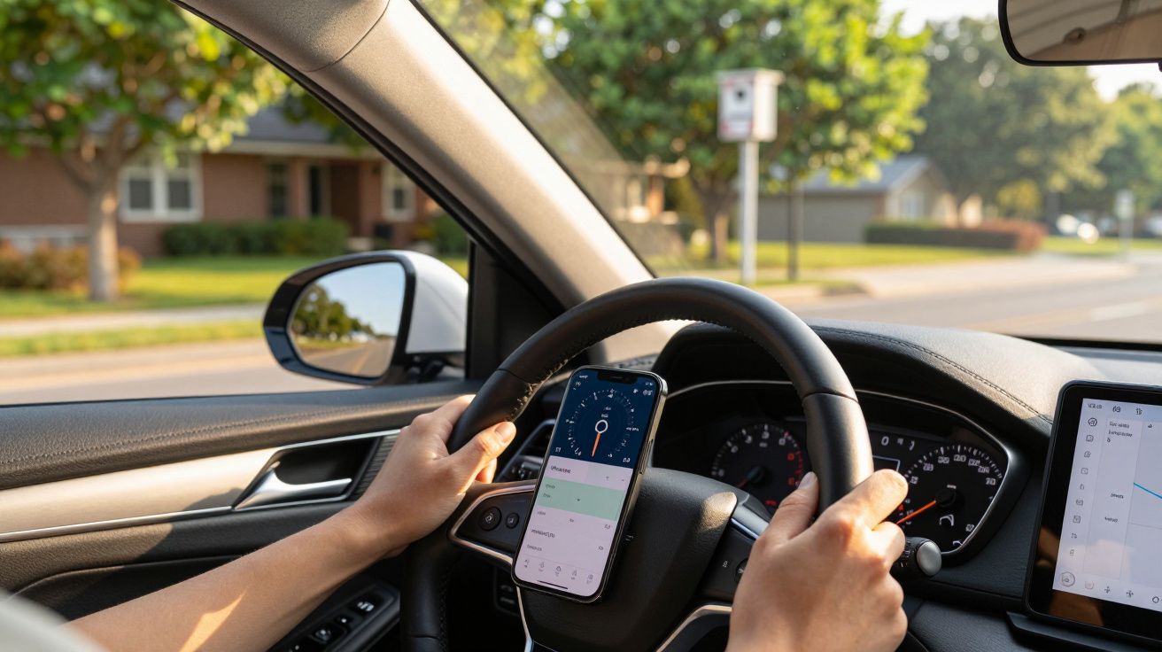 Pessoa conduz carro segurando volante e usando GPS no smartphone. Estrada e árvores visíveis pela janela.