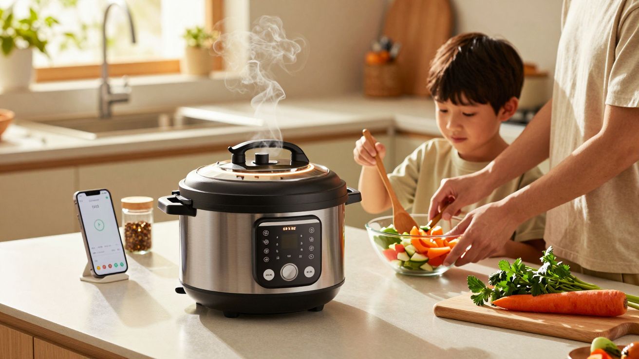 Criança ajuda adulto a preparar salada numa cozinha moderna com panela elétrica e smartphone na bancada.
