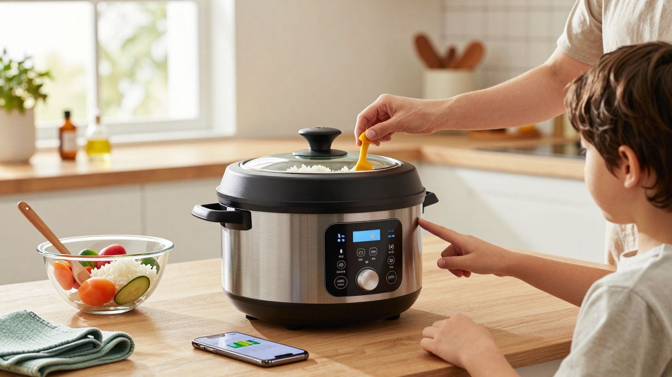 Pessoa a mexer arroz numa panela elétrica, com criança ao lado e salada de legumes na bancada da cozinha.