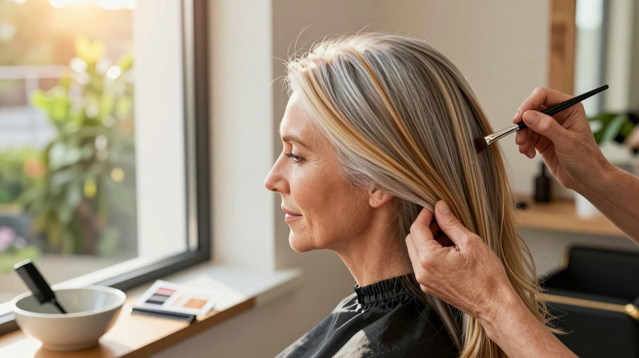 Mulher de cabelos grisalhos é penteada por cabeleireiro num salão, luz natural entra pela janela.