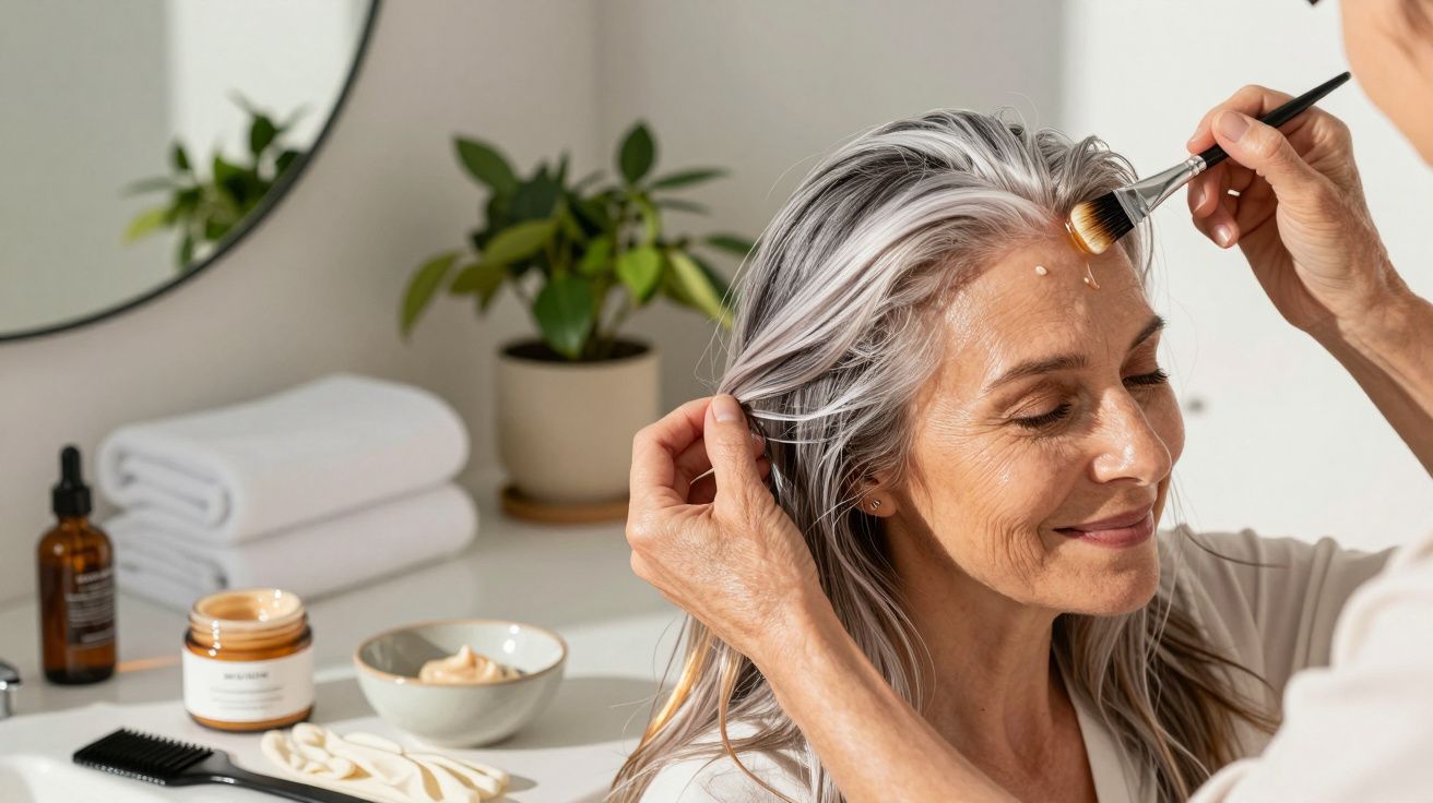 Mulher com cabelo grisalho a receber maquilhagem numa sala iluminada, com produtos de beleza no fundo.