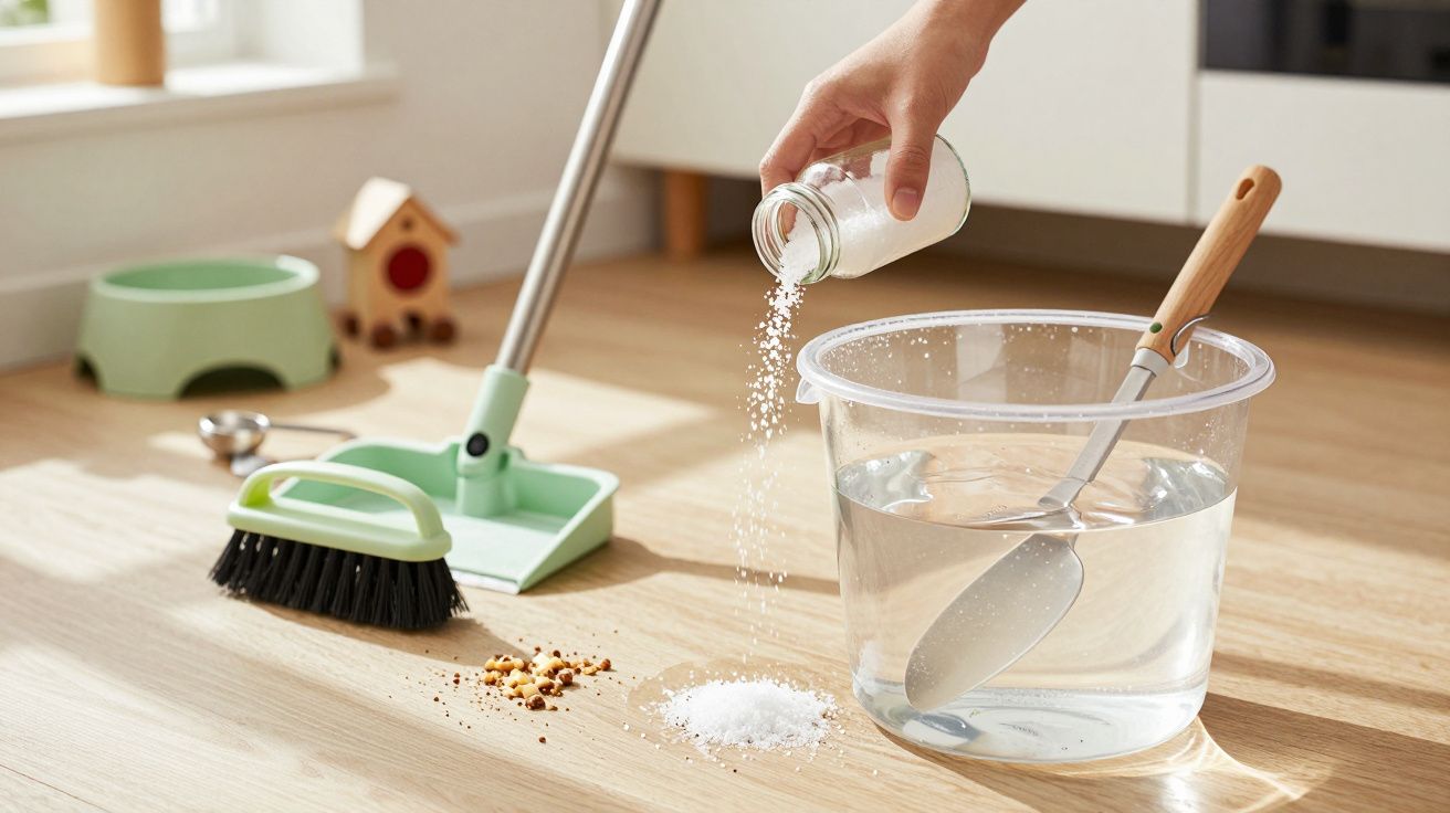 Mão espalha sal no chão ao lado de balde com água, vassoura e pá verde em sala iluminada.