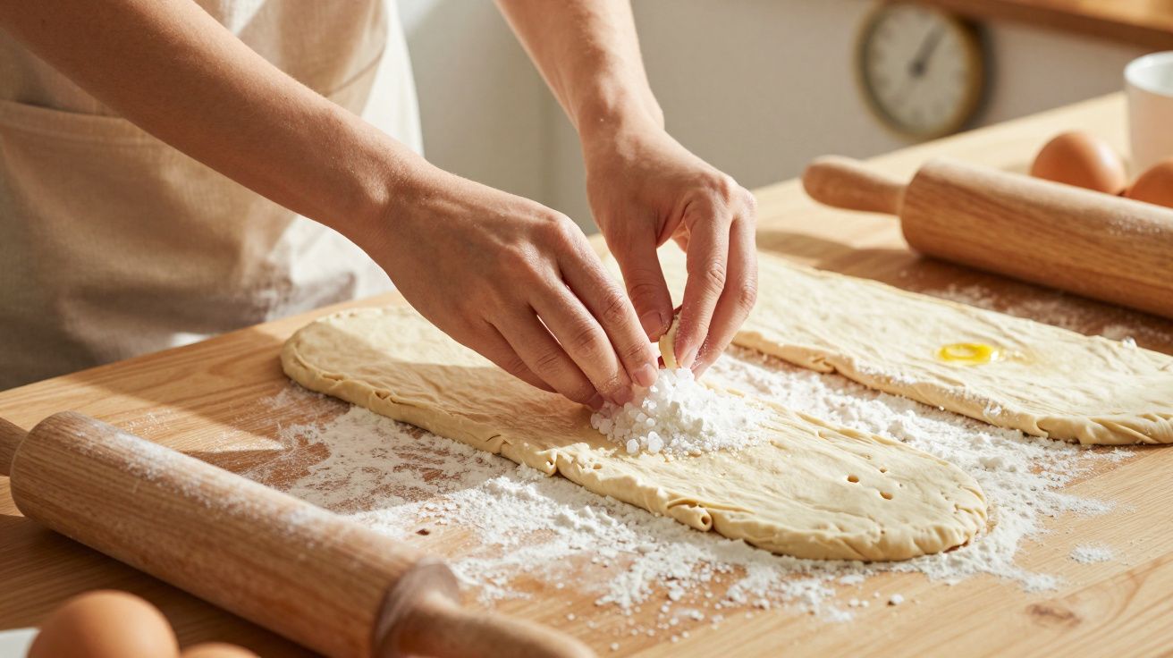 Pessoa adiciona açúcar a massa de pão sobre mesa com farinha, rolos da massa e ovos ao lado.