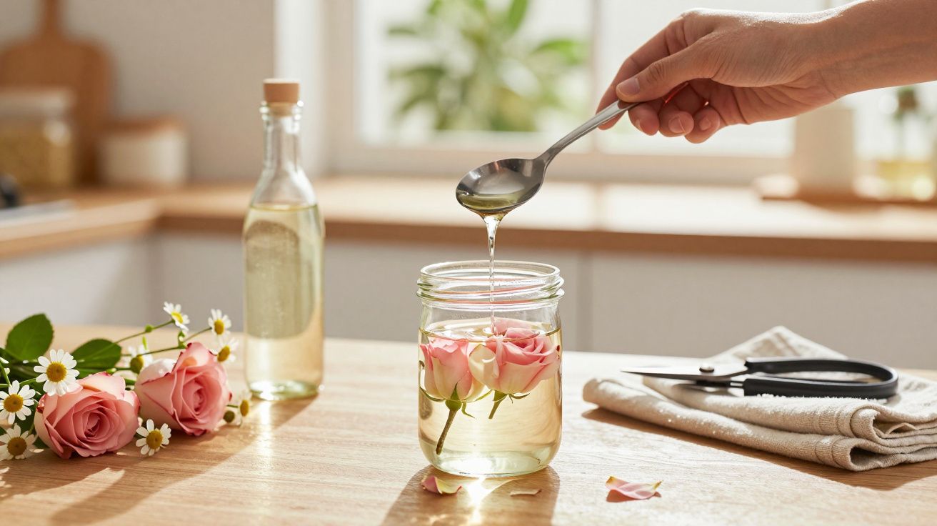 Mão despeja líquido em frasco com rosas e camomilas; garrafa, tesoura e flores ao fundo.