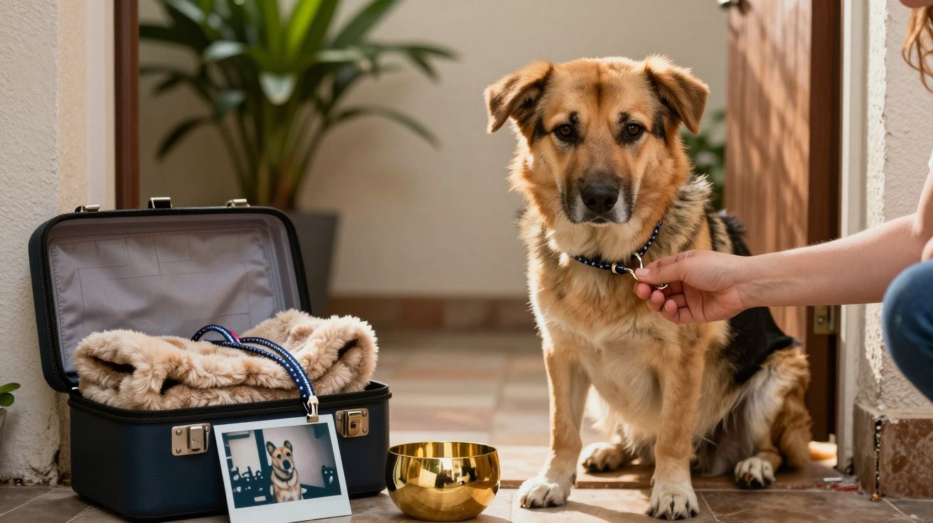 Cão pastor alemão sentado, mala aberta com manta e foto, tigela dourada ao lado, mão segurando a coleira.