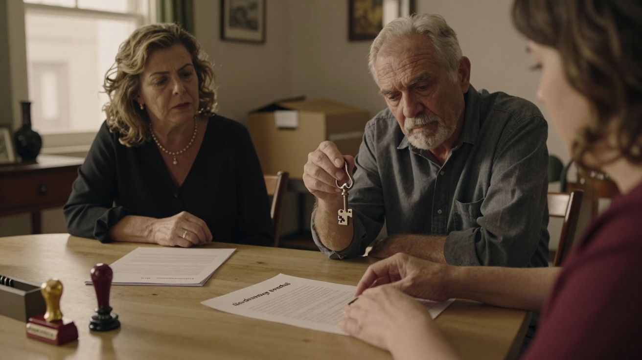 Homem idoso segura uma chave enquanto duas mulheres olham, diante de documentos numa mesa.