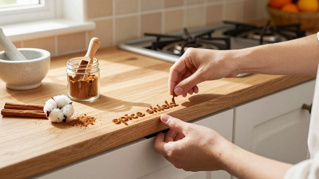 Mãos formando palavras com canela em pó numa bancada de cozinha, com frasco de especiarias e algodão ao lado.