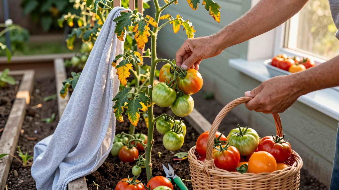 Pessoa colhendo tomates maduros e verdes num jardim, com uma cesta cheia ao lado.