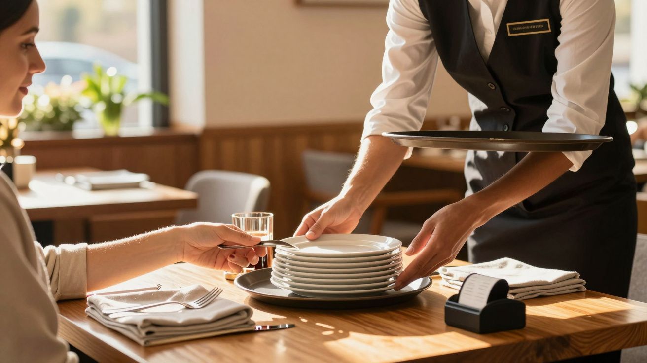Garçom serve pilha de pratos a cliente sentado em restaurante iluminado por luz natural, mesa com utensílios organizados.