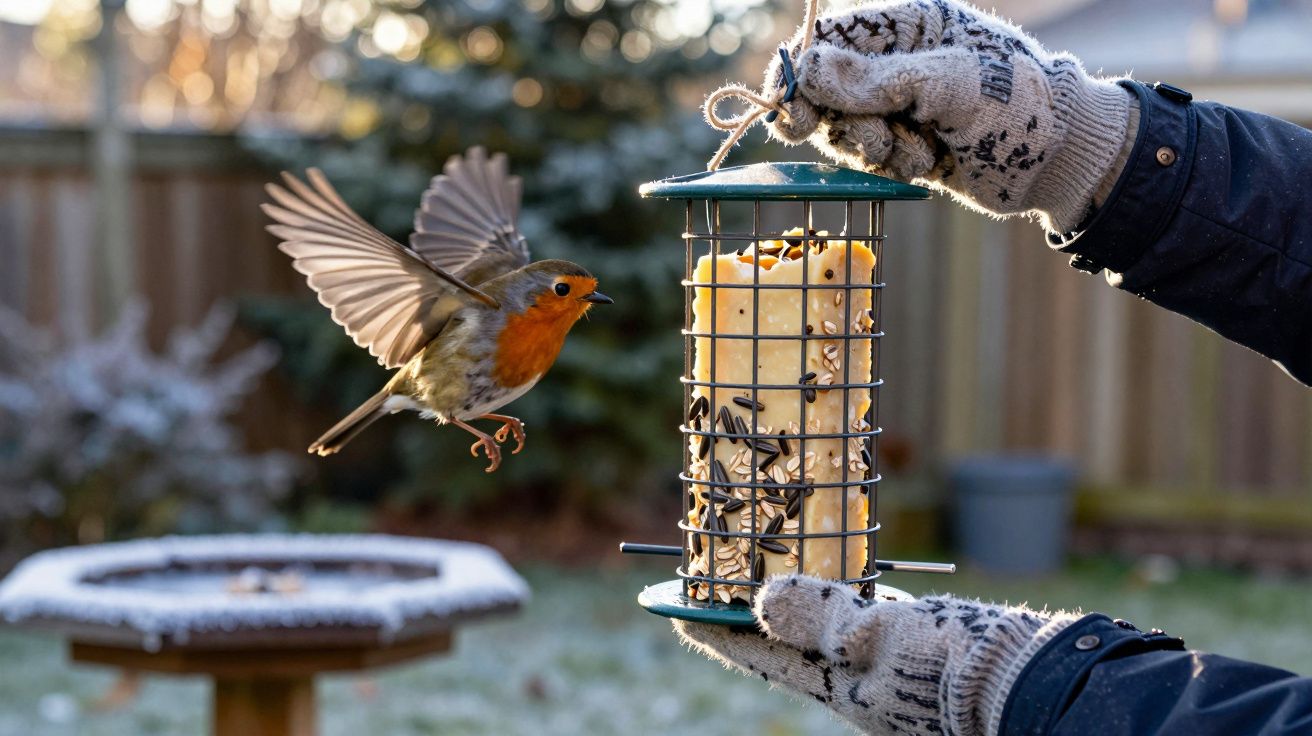 Pisco-de-peito-ruivo voa em direção a alimentador de pássaros segurado por mãos com luvas num jardim.
