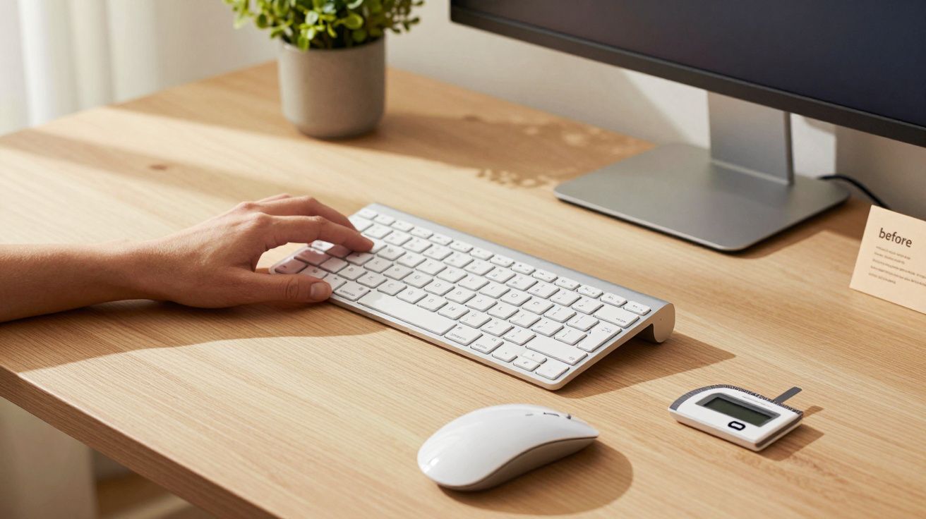 Mesa de madeira clara com teclado, rato, monitor, vaso de planta e mão sobre o teclado.
