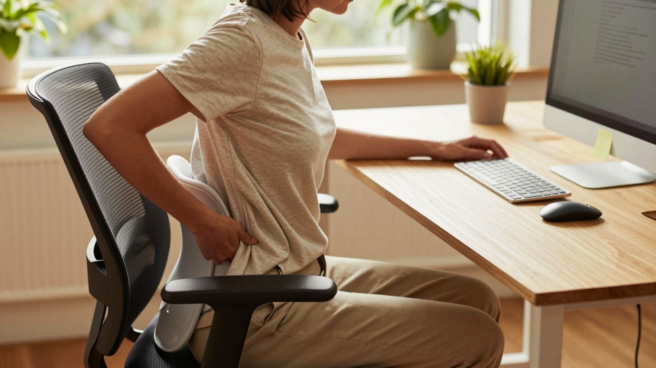 Pessoa sentada à secretária ajusta apoio lombar da cadeira, ao lado de um computador, numa sala com plantas.