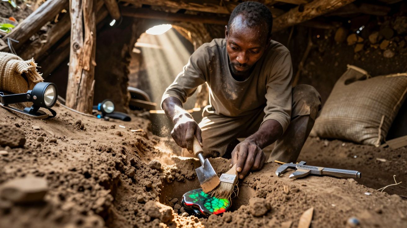 Homem escava solo dentro de uma cabana rústica, limpando artefato colorido com pincel, sob a luz do sol.
