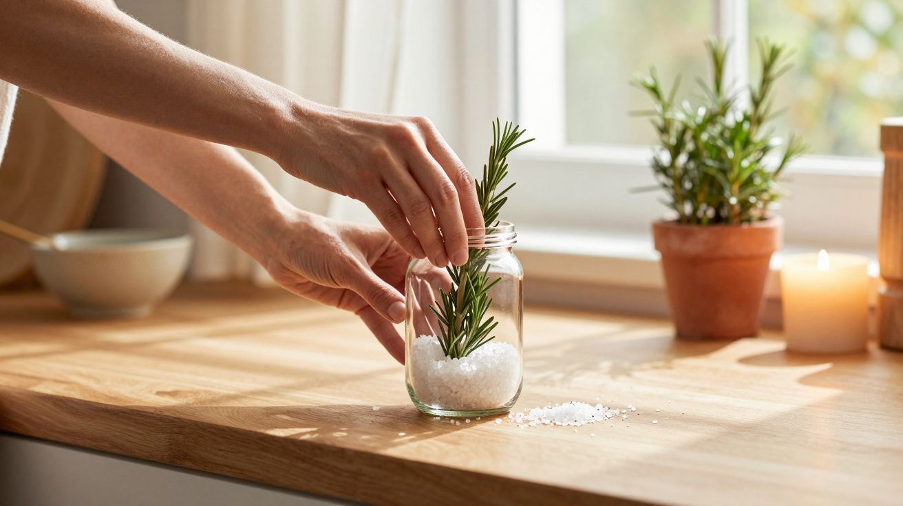 Mãos colocando ramo de alecrim num frasco com sal sobre bancada de madeira, planta e vela ao fundo.