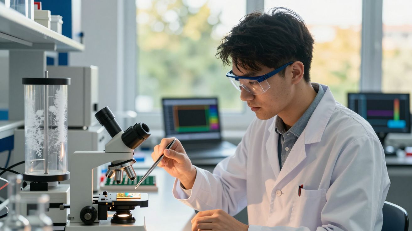 Cientista de laboratório utiliza um microscópio, rodeado por equipamentos, num ambiente de pesquisa tecnológica.
