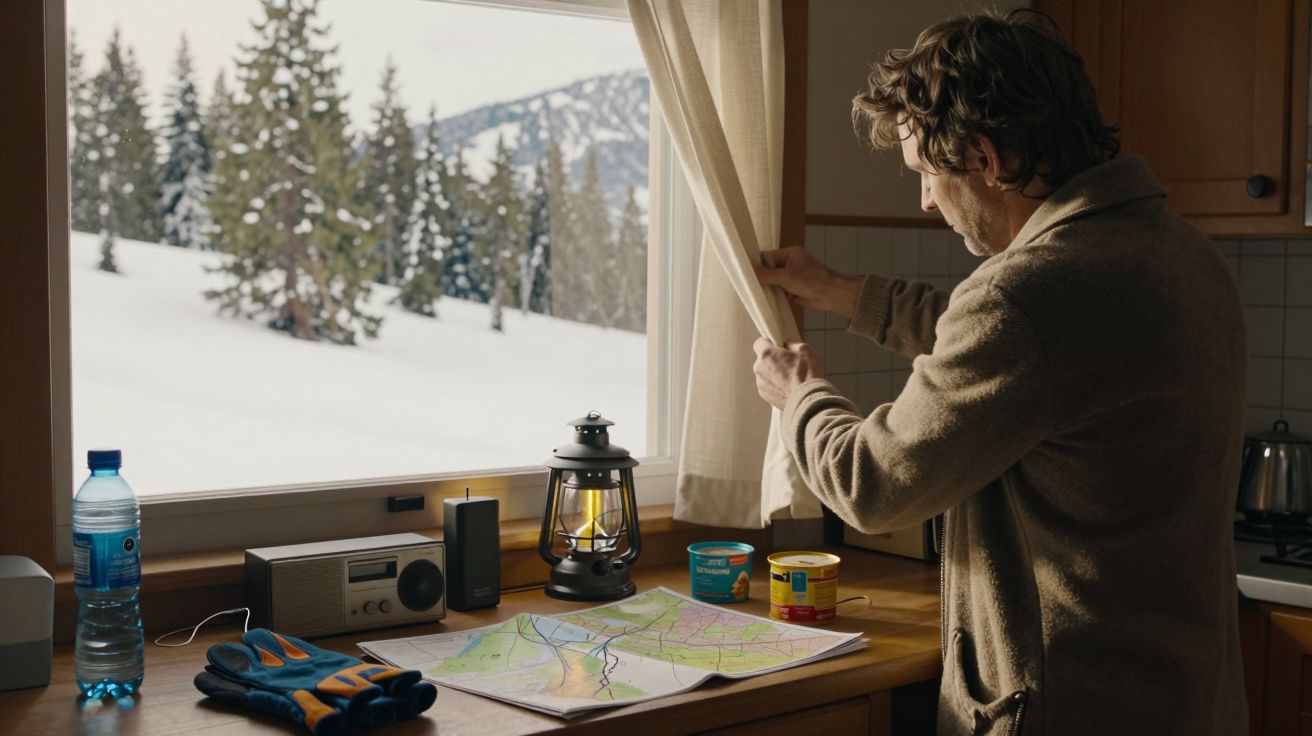 Homem abre cortina numa cabana de montanha; neve lá fora. Mesa com mapa, luvas, lanternas e uma garrafa de água.