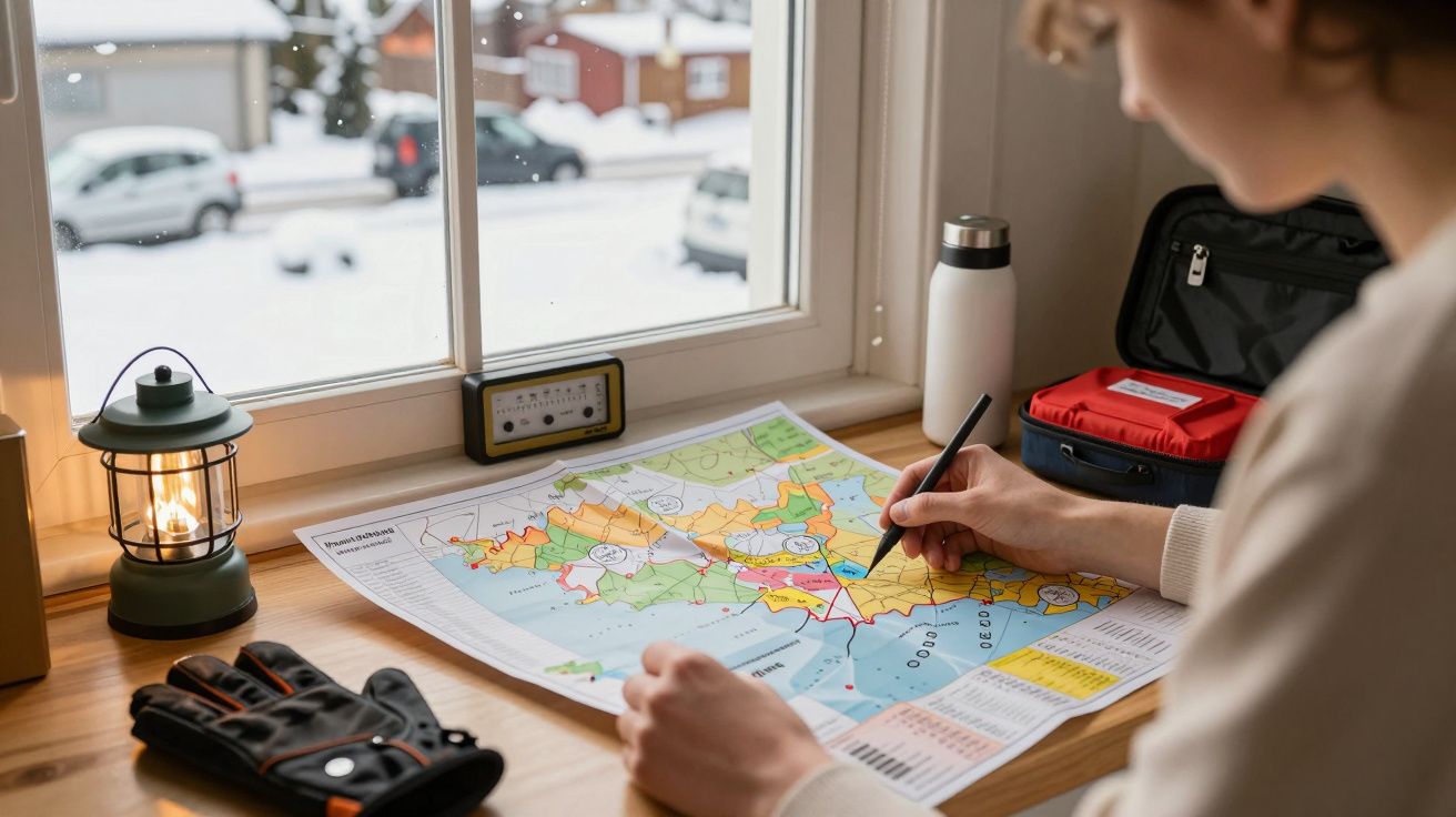 Pessoa analisa mapa colorido sobre uma mesa perto da janela com neve lá fora. Lâmpada, luvas e garrafa ao lado.