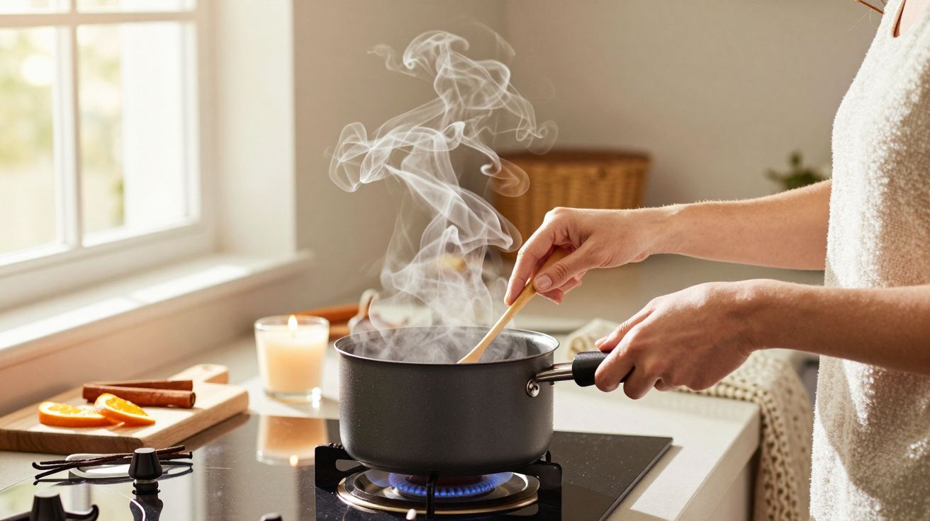 Pessoa a cozinhar numa panela preta no fogão, com vapor a subir, num ambiente de cozinha acolhedor e iluminado.