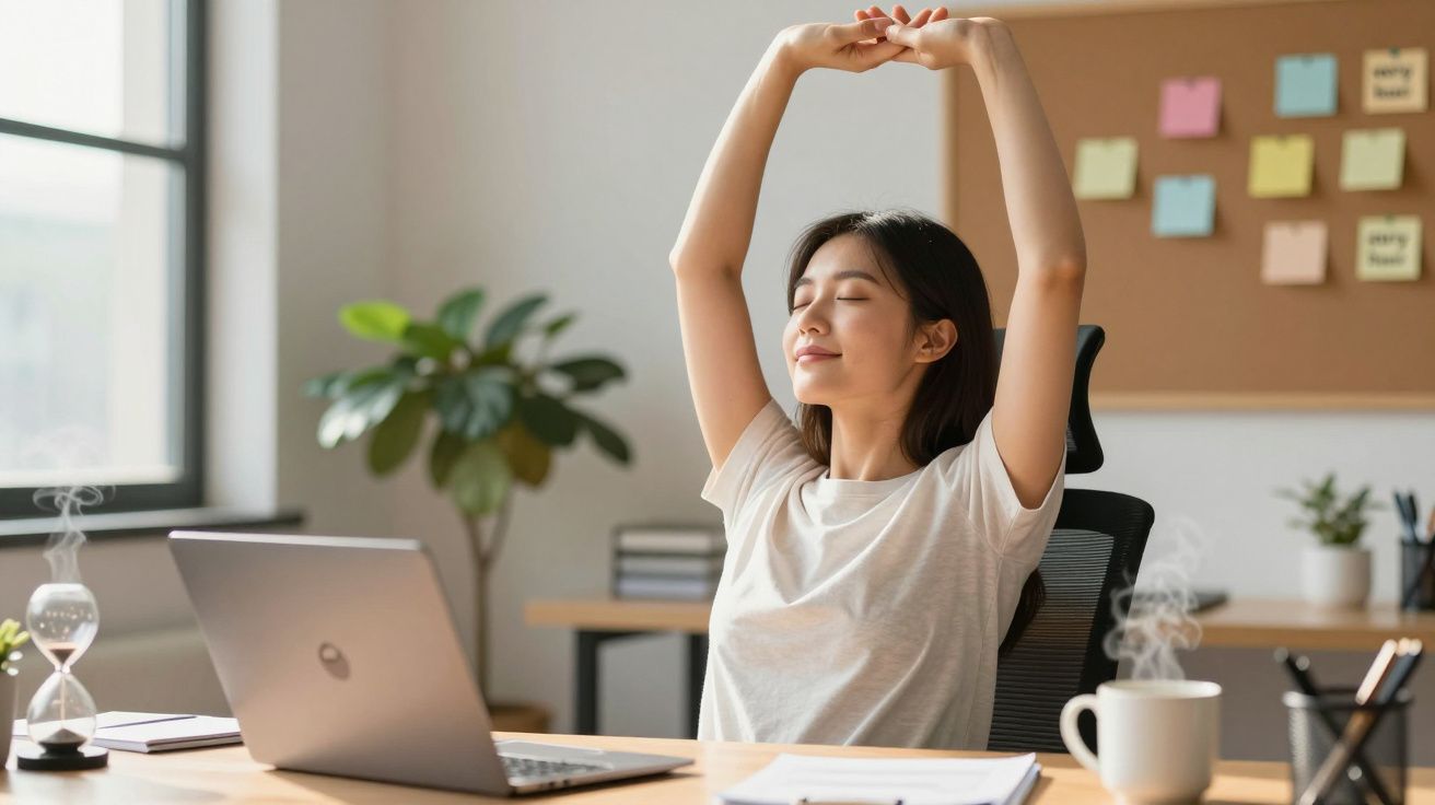 Mulher a alongar-se na cadeira de escritório com expressão relaxada, laptop à frente e chávena de café ao lado.