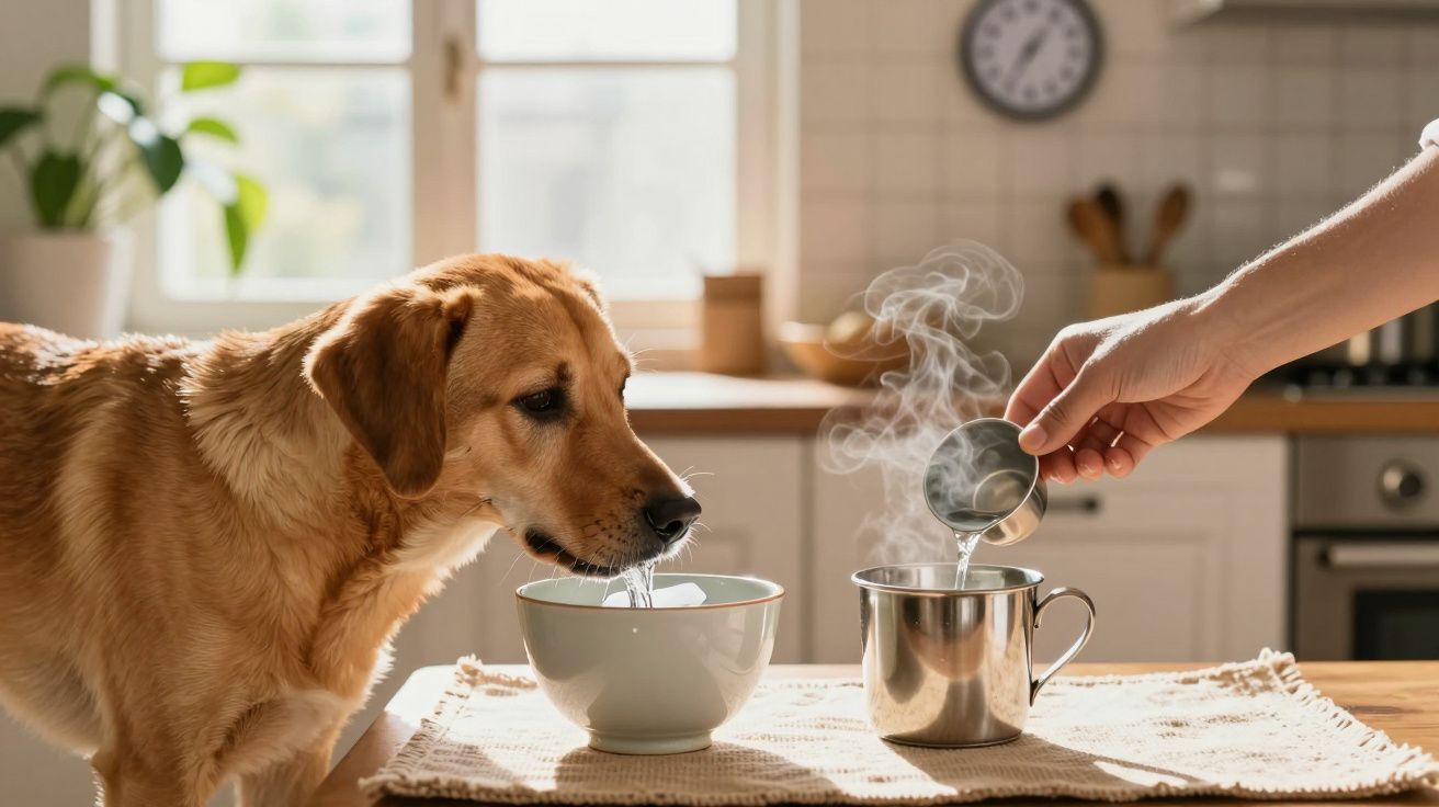 Cão a olhar para uma tigela de água enquanto uma pessoa verte água quente numa caneca ao lado, em cozinha iluminada.