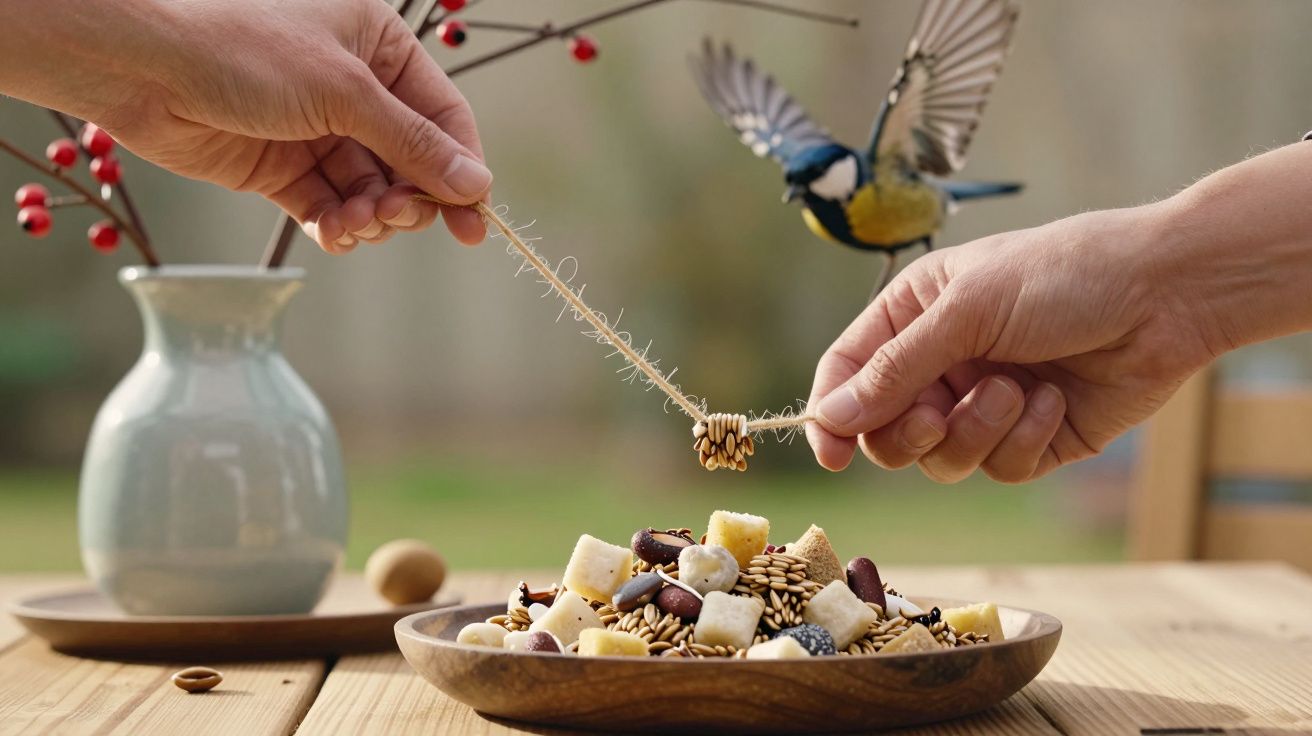 Duas mãos seguram uma corda com sementes enquanto um pássaro voa perto, com uma taça de frutos secos na mesa.