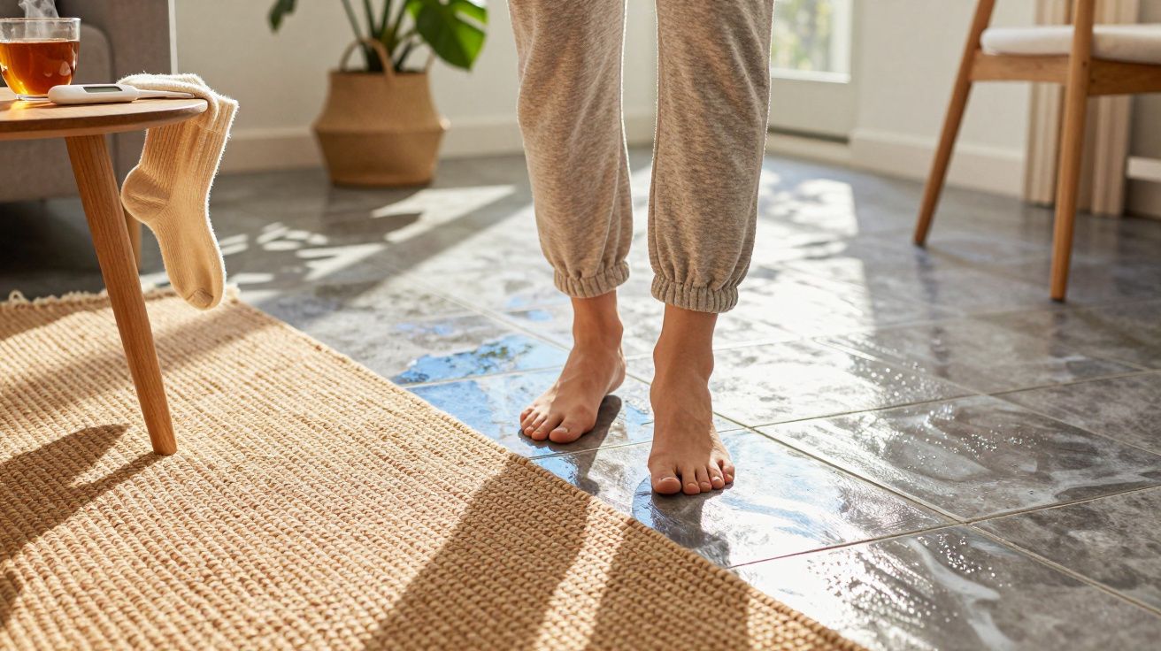 Pés descalços em chão alagado na sala, com calças cinzentas. Tapete e mesa ao lado.