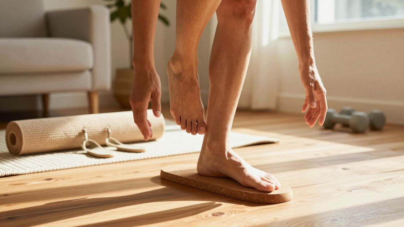Pessoa a fazer exercício de equilíbrio em casa, usando uma prancha de cortiça. No fundo, tapete de ioga e pesos.