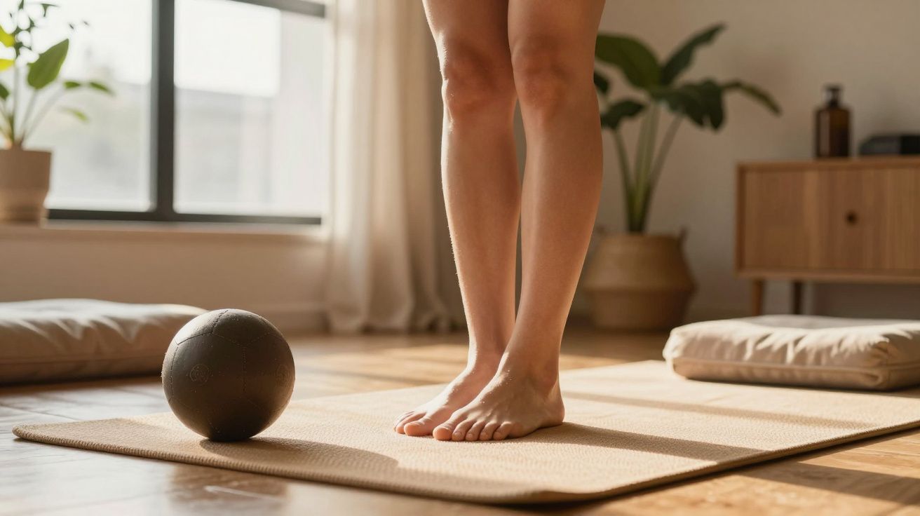 Mulher de pé descalça num tapete de ioga, com bola de exercício ao lado, numa sala arejada e iluminada.
