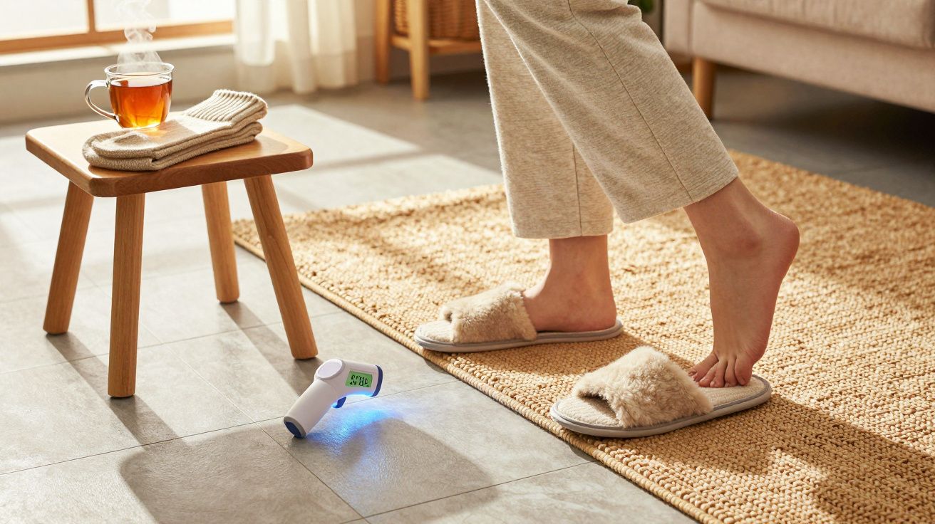 Pessoa de pé no tapete, usando chinelos, ao lado de uma cadeira com chá e um termómetro no chão.