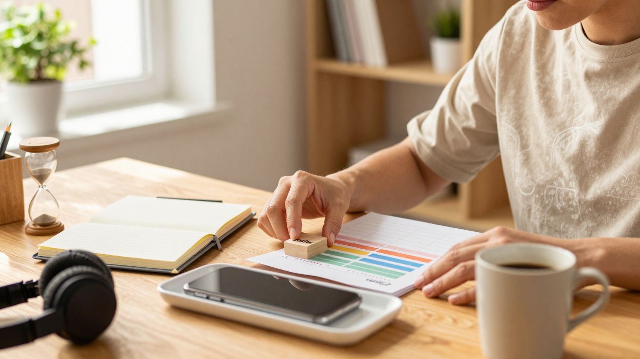 Pessoa a carimbar um gráfico colorido numa mesa com caderno, telemóvel, auscultadores e café.