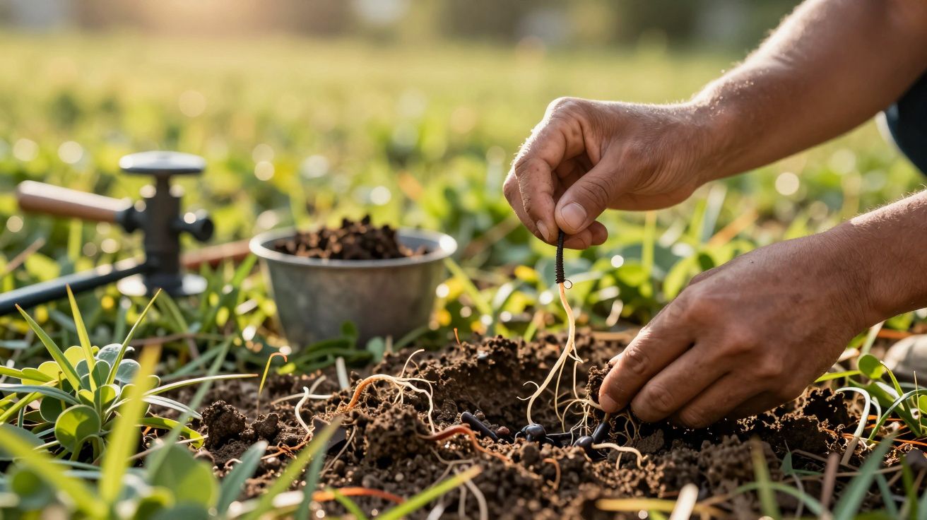 Mãos plantando uma pequena muda no solo de um campo verde, com regador e balde ao fundo.