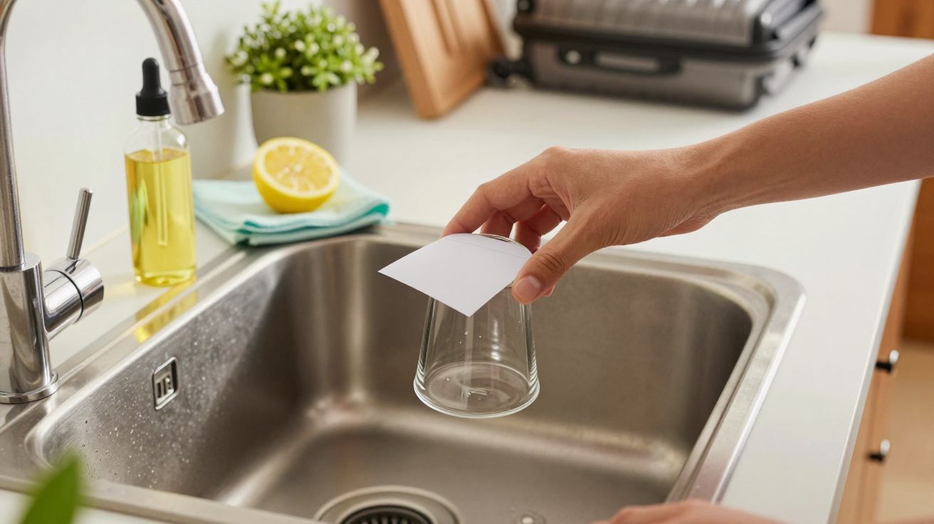 Mão a segurar copo sobre pia de cozinha, com planta e limão em segundo plano.