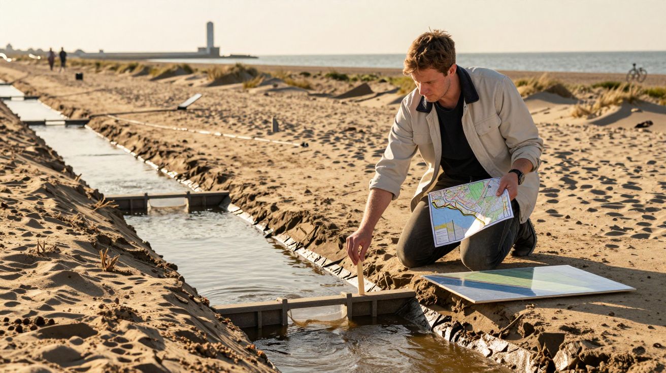 Homem ajoelhado numa praia, segurando mapas e ajustando estrutura de drenagem de água ao pôr do sol.