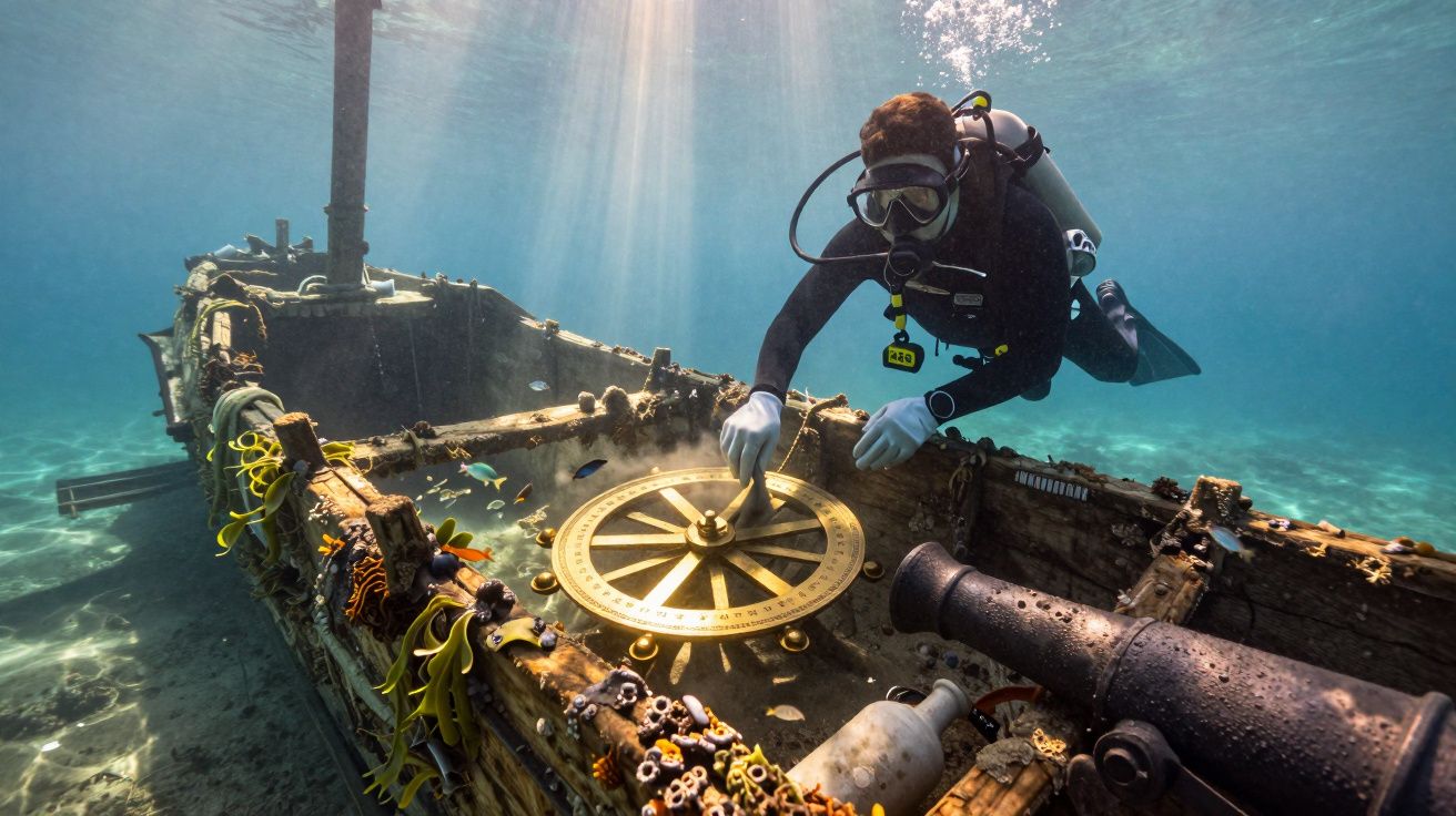 Mergulhador explora naufrágio submerso, ajustando grande bússola antiga, cercado por peixes e corais.