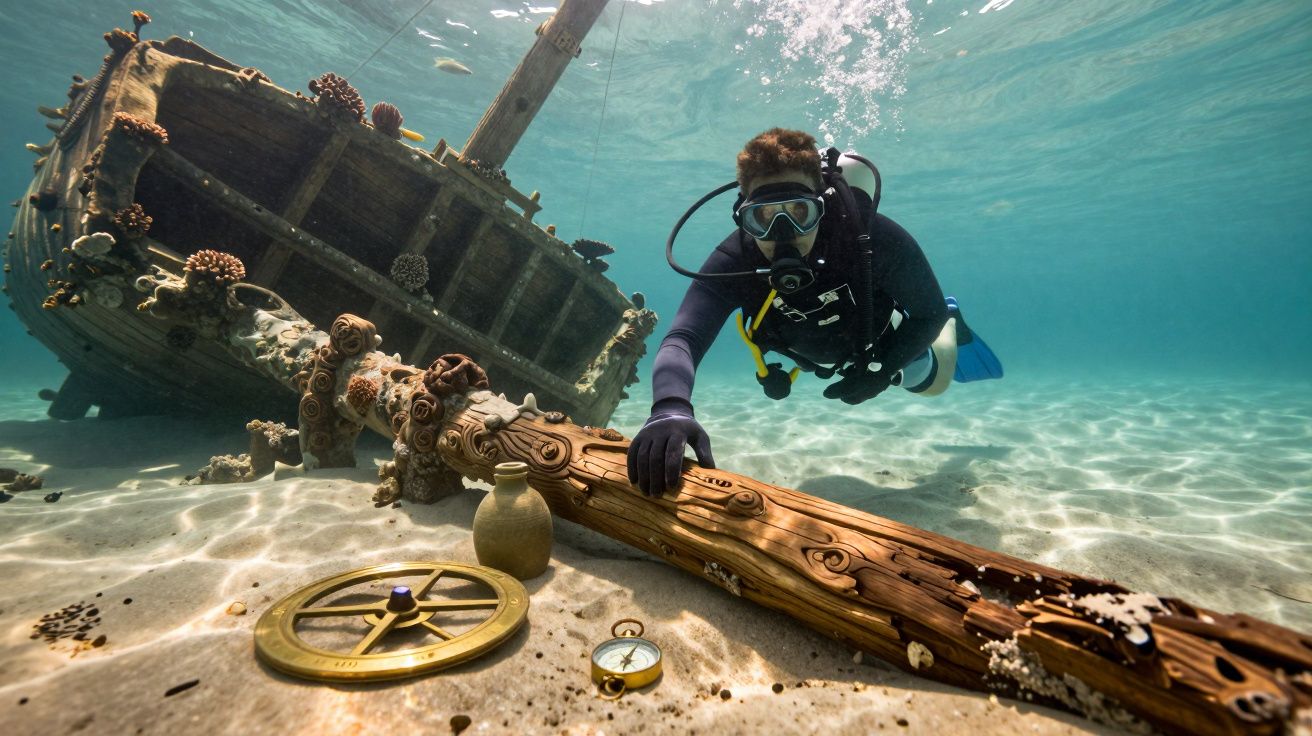 Mergulhador explora destroços no fundo do mar com bússola e objetos antigos, sob luz solar filtrada através da água.