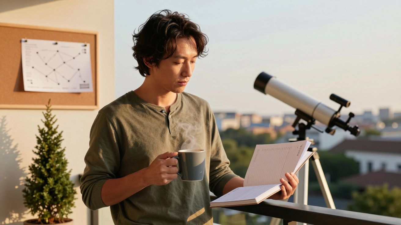 Homem com chá lendo caderno ao lado de telescópio em varanda.